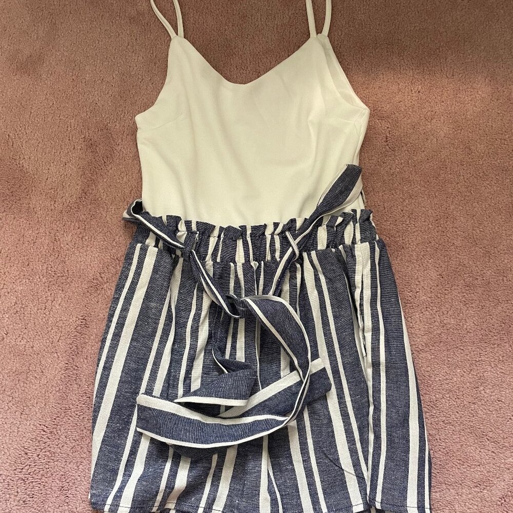 Francesca's White/Blue Striped Romper, Size XS